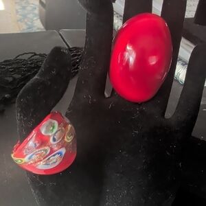 Red Statement Dome Ring & Millefiori Glass Ring - Bright Red